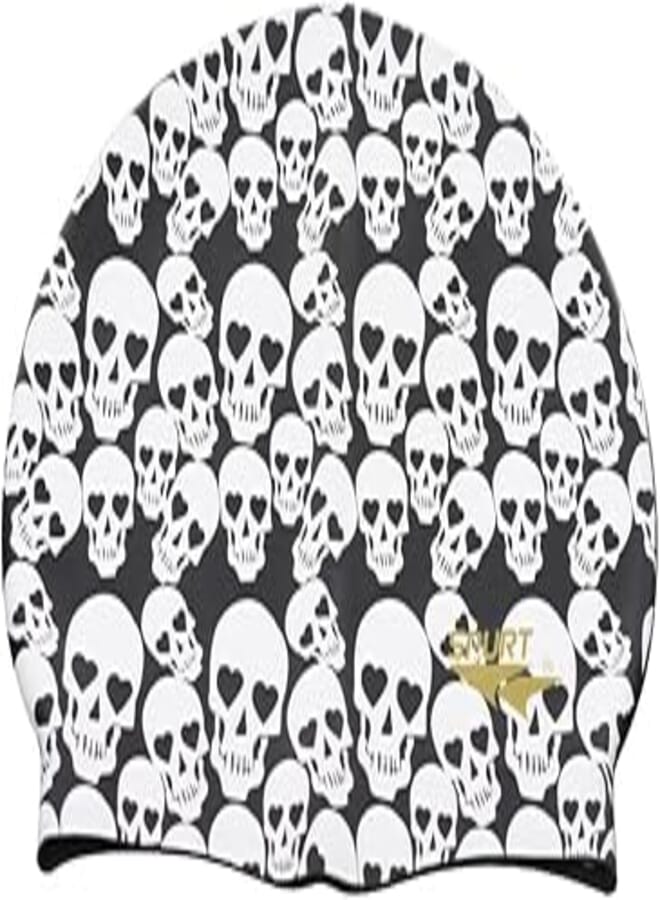 SPURT Skulls-Printed Silicone Swimming Cap in Bag For Adults Black and White