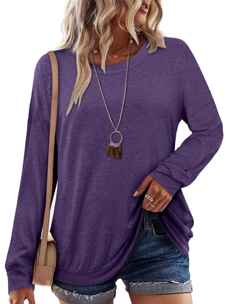 onlypuff Cute Shirts for Women Pocket T Shirts Long Sleeve Tops Womens Tunic Top Ladies Blouse Fashion Top Purple XL - Image 5
