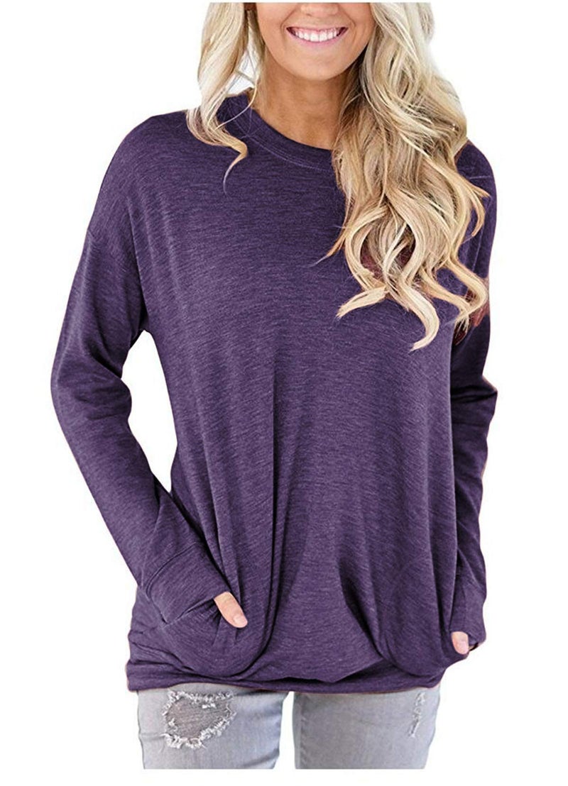 onlypuff Cute Shirts for Women Pocket T Shirts Long Sleeve Tops Womens Tunic Top Ladies Blouse Fashion Top Purple XL - Image 2