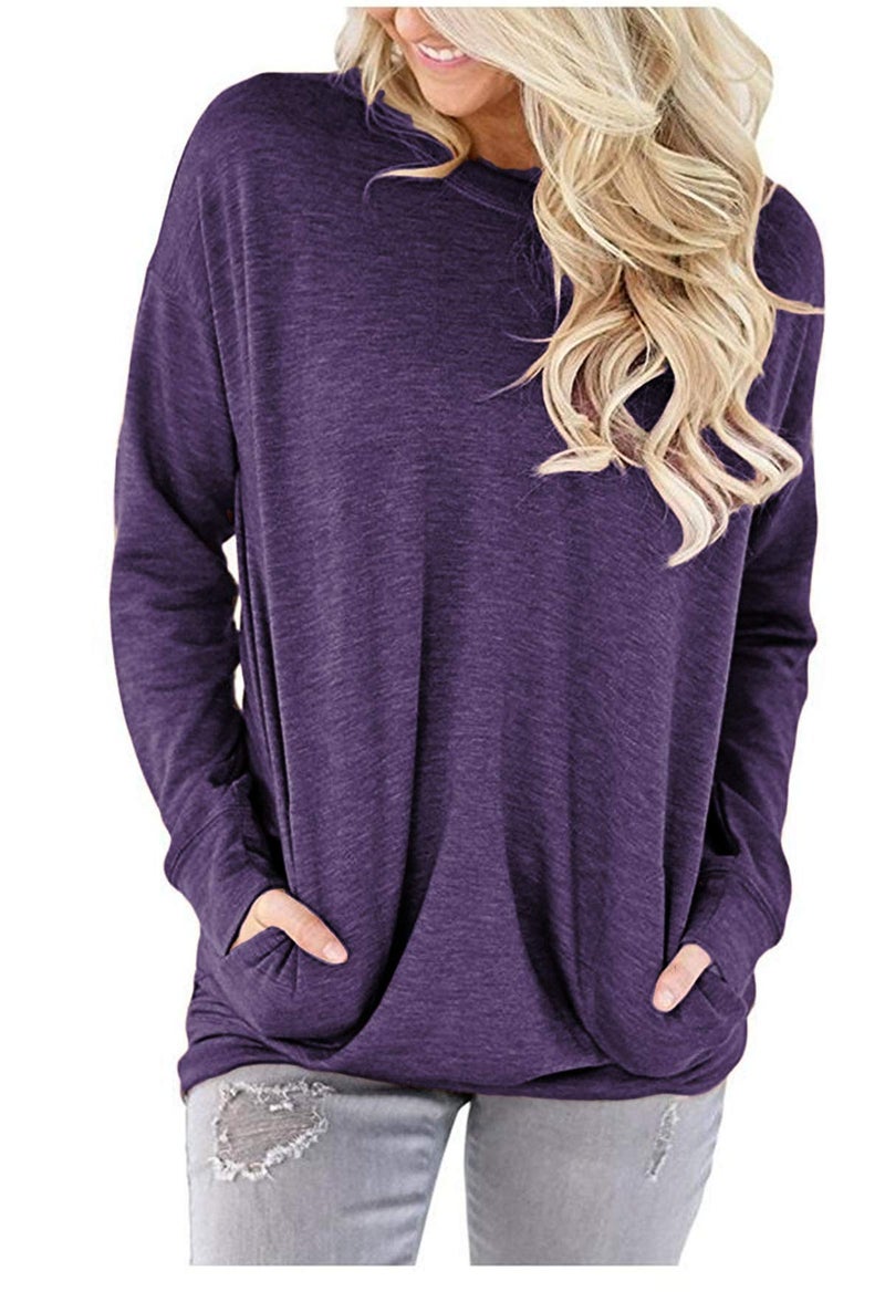 onlypuff Cute Shirts for Women Pocket T Shirts Long Sleeve Tops Womens Tunic Top Ladies Blouse Fashion Top Purple XL - Image 3