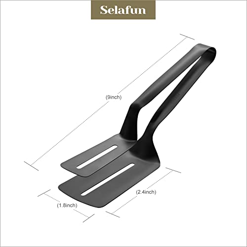 Selafun Kitchen Tongs Steak Clamp Bread Tongs 10 inch Double Spatula Tongs Clip Pizza Clamp Stainless Slotted Multi-Function Food Flipping for Bread Eggs BBQ Hamburgers Patties Pancakes (1, Matte Black) - Image 2
