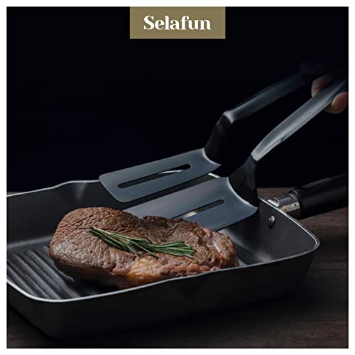 Selafun Kitchen Tongs Steak Clamp Bread Tongs 10 inch Double Spatula Tongs Clip Pizza Clamp Stainless Slotted Multi-Function Food Flipping for Bread Eggs BBQ Hamburgers Patties Pancakes (1, Matte Black) - Image 4