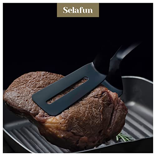 Selafun Kitchen Tongs Steak Clamp Bread Tongs 10 inch Double Spatula Tongs Clip Pizza Clamp Stainless Slotted Multi-Function Food Flipping for Bread Eggs BBQ Hamburgers Patties Pancakes (1, Matte Black) - Image 5