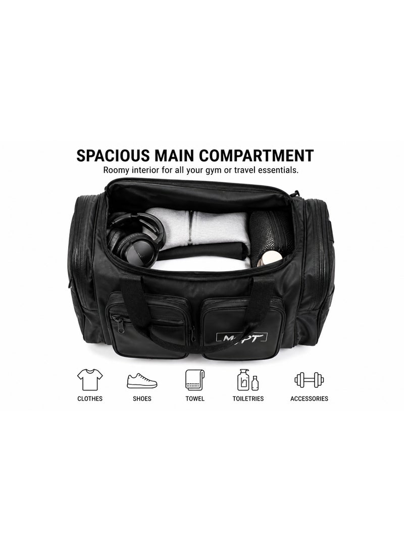 MyPT Gym Bag for Men & Women, Sports Duffle Travel Bag with Shoe Compartment, Waterproof Multi Pocket Workout & Overnight Bag, Black - Image 3