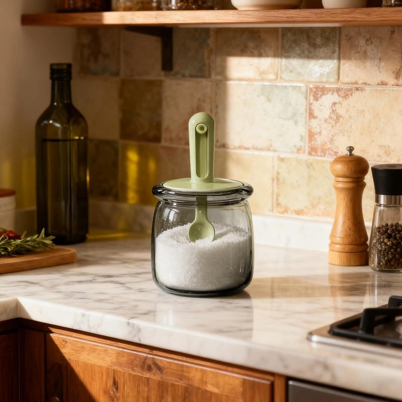 Seasoning Jar with Spoon, 10 Oz Glass Container for Kitchen, Green Gradient - Image 4