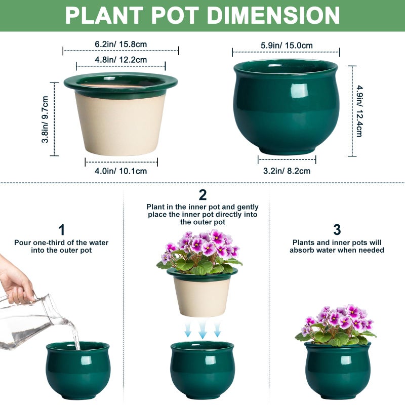 Teagas 6 Inch Self Watering Plant Pots, Ceramic African Violet Pot with Absorbent Inner Pot, Easy Self Watering Pots for Indoor Plants, Ceramic Planter, Room Decor, Plant Lover Gifts, Blackish Green - Image 2