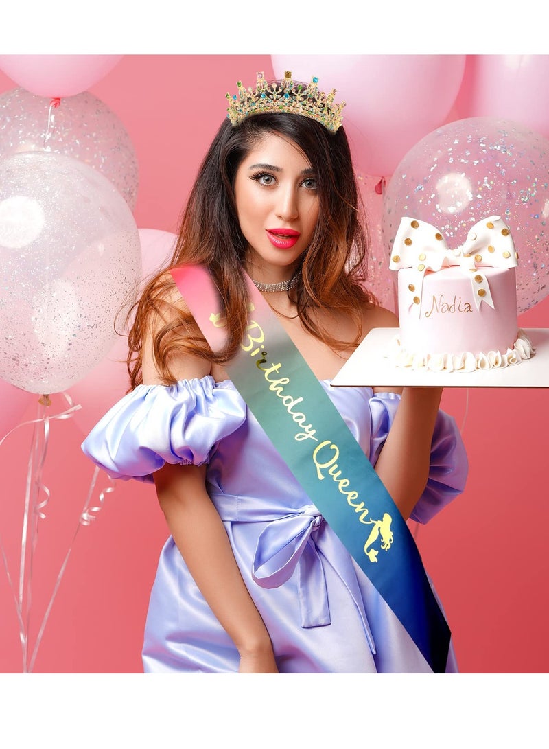 SYOSI Birthday Tiara and Crown for Women Rhinestone Tiara and Sash Happy Birthday Hair Accessories Glitter Princess Sashes Crystal Crown for Girls - Image 2