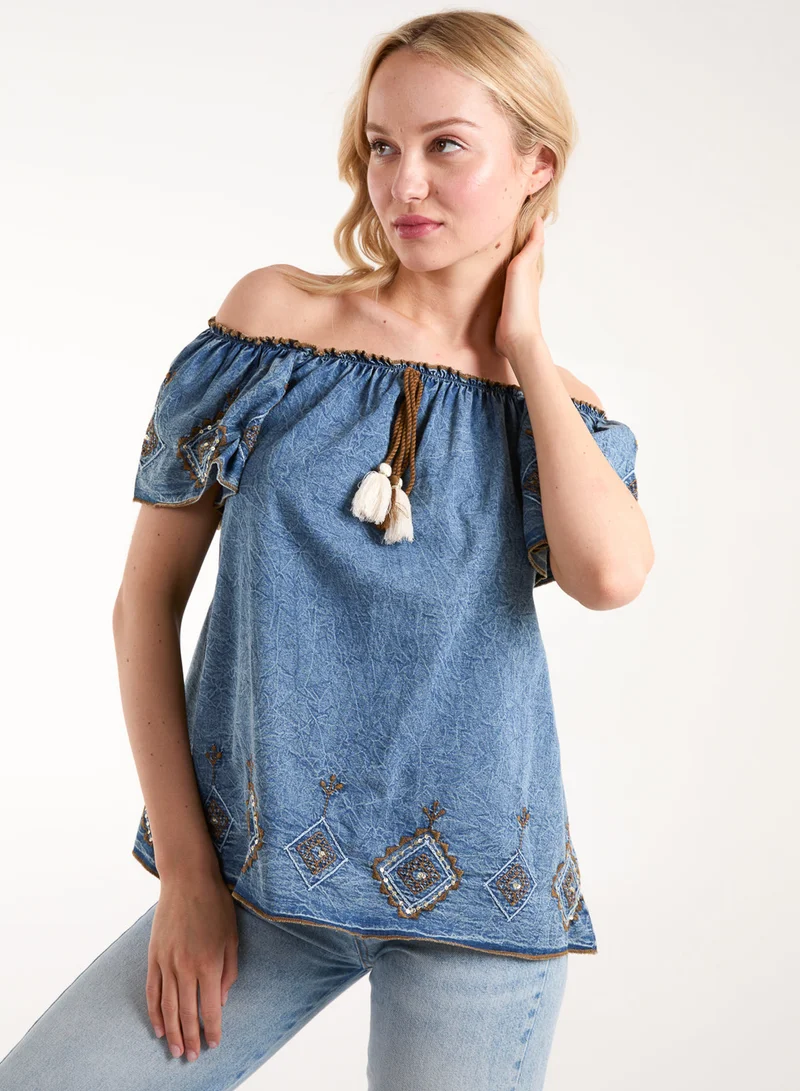 Blue Vanilla Denim Embroidered Bardot Top