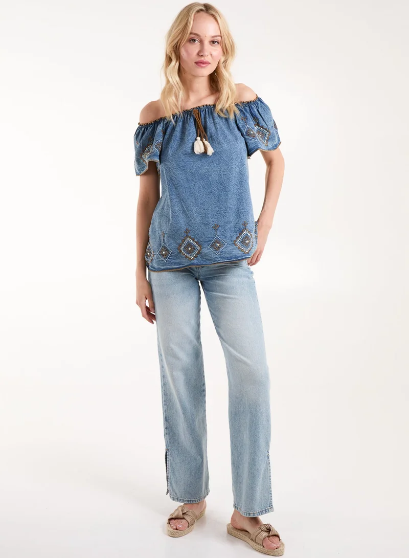 Blue Vanilla Denim Embroidered Bardot Top