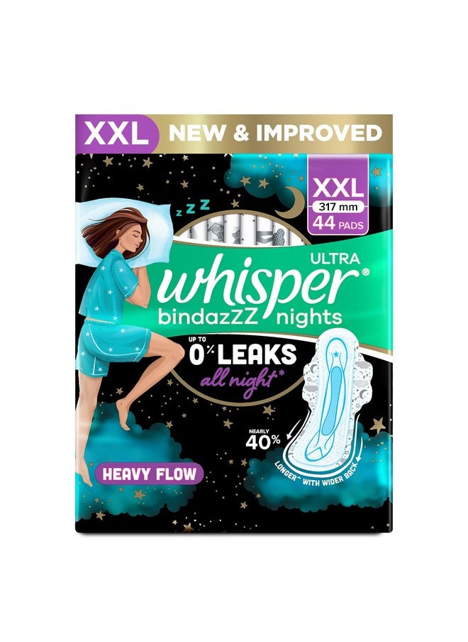Whisper - WHISPER BINDAZZZ NIGHTS SANITARY PADS, 44 XL+ PADS, UPTO 0% LEAKS ALL NIGHT LONG, FOR HEAVY FLOW, 40% LONGER & WIDER BACK, COMFORTABLE CUSHIONY SOFT WINGS, DISPOSABLE WRAPPER - Image 1