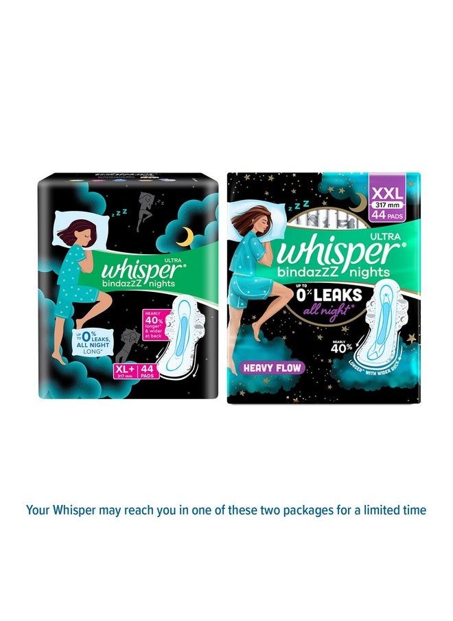 Whisper - WHISPER BINDAZZZ NIGHTS SANITARY PADS, 44 XL+ PADS, UPTO 0% LEAKS ALL NIGHT LONG, FOR HEAVY FLOW, 40% LONGER & WIDER BACK, COMFORTABLE CUSHIONY SOFT WINGS, DISPOSABLE WRAPPER - Image 1