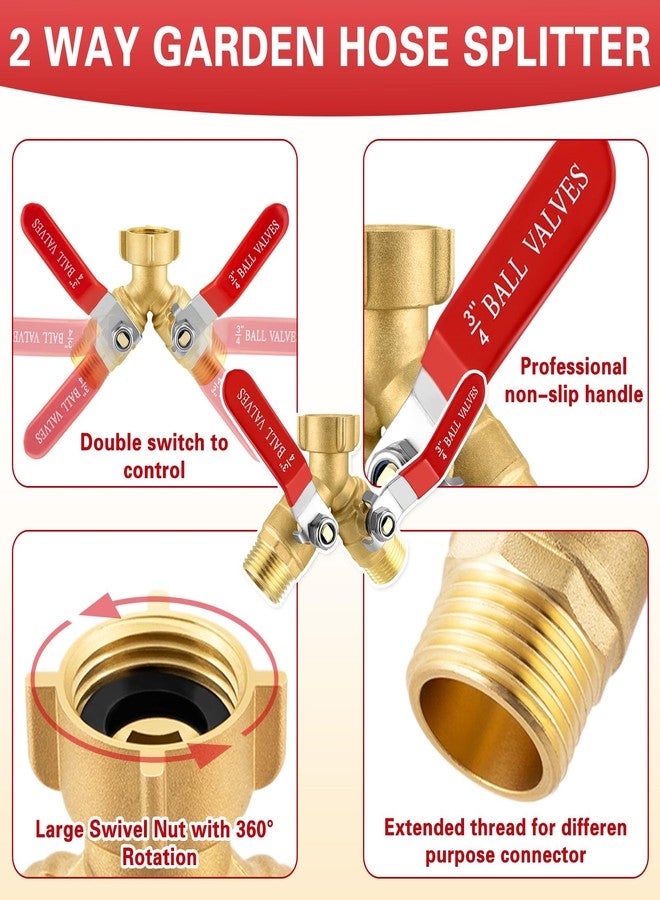 Vtenyeo Garden Hose Y Valve Hose Splitter 2 Ways Water Hose Splitter Lead-Free Compliant Brass 3/4" GHT Thread Hose Y Splitter Outdoor Faucet Splitter - Image 3