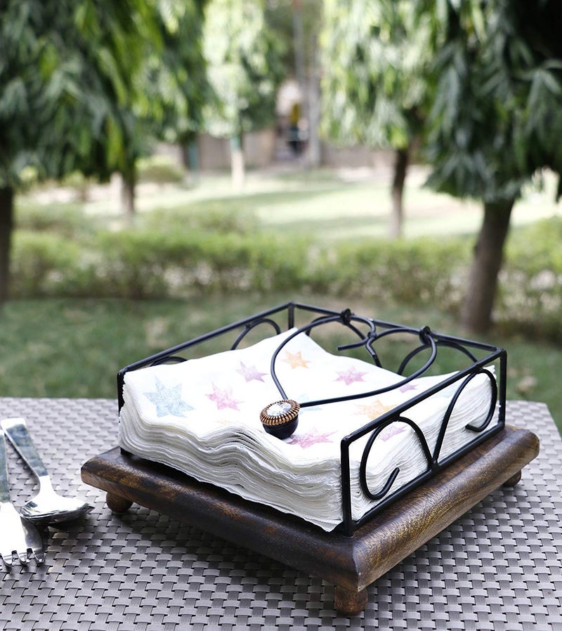 SKAFA Metal and Wood Paper Napkin Holder, 30X15X5 Cm, Black and Brown - Image 2