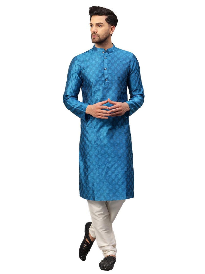 LATEST CHIKAN Men’s Silk Chikankari Kurta with Cream Churidar | Festive Set - KP-SB-BL-38 - Image 1