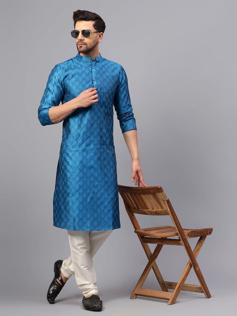 LATEST CHIKAN Men’s Silk Chikankari Kurta with Cream Churidar | Festive Set - KP-SB-BL-38 - Image 2