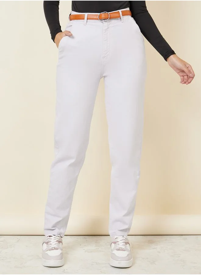 Styli Solid Mom Fit Jeans with Belt