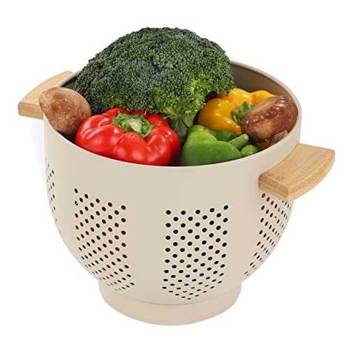 BeFare Metal Colander with Wood Handle, 5.5 Quart Powder Coated Steel Large Kitchen Strainer Stable Base,(Sand Yellow, 11.26inch) - Image 1