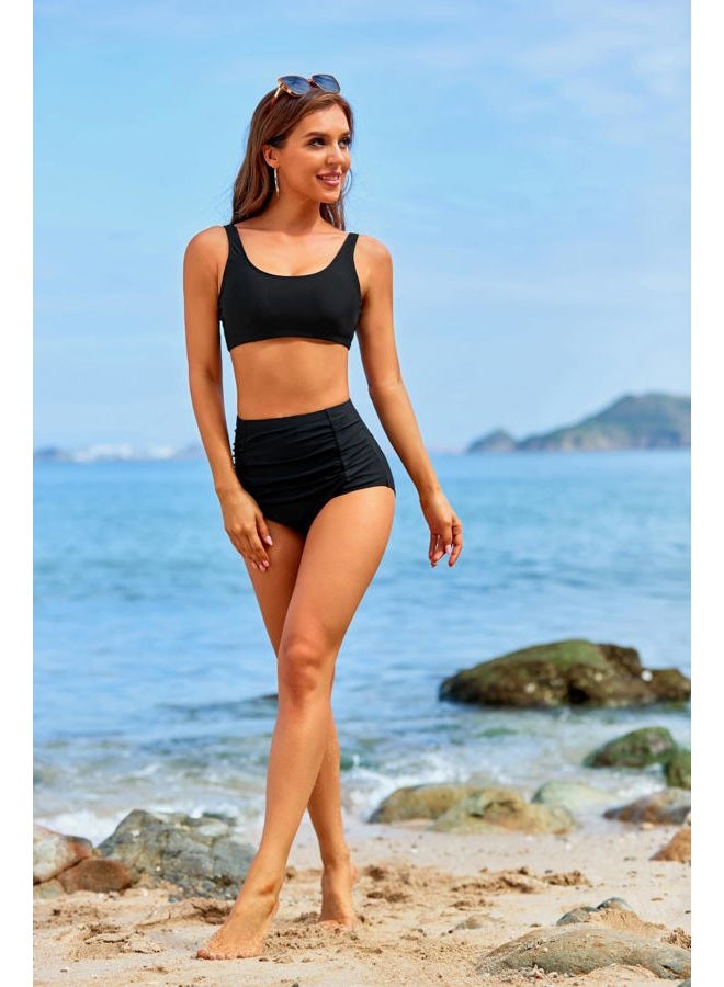 Tempt Me Women's High Waisted Swim Bottom Shirred Bikini Tankini Swimsuit Briefs Tummy Control Swim Shorts Black L - Image 5