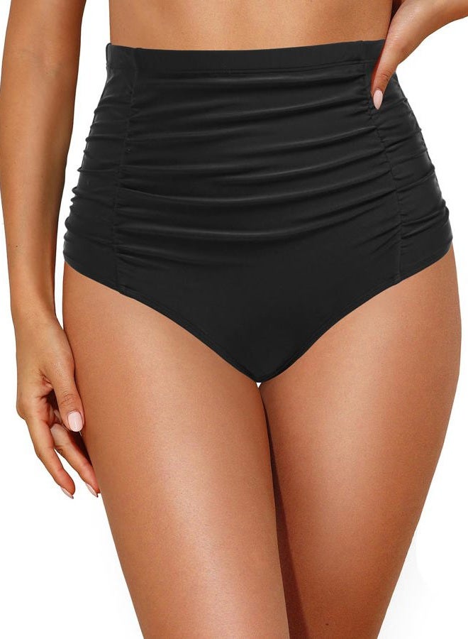 Tempt Me Women's High Waisted Swim Bottom Shirred Bikini Tankini Swimsuit Briefs Tummy Control Swim Shorts Black L - Image 1