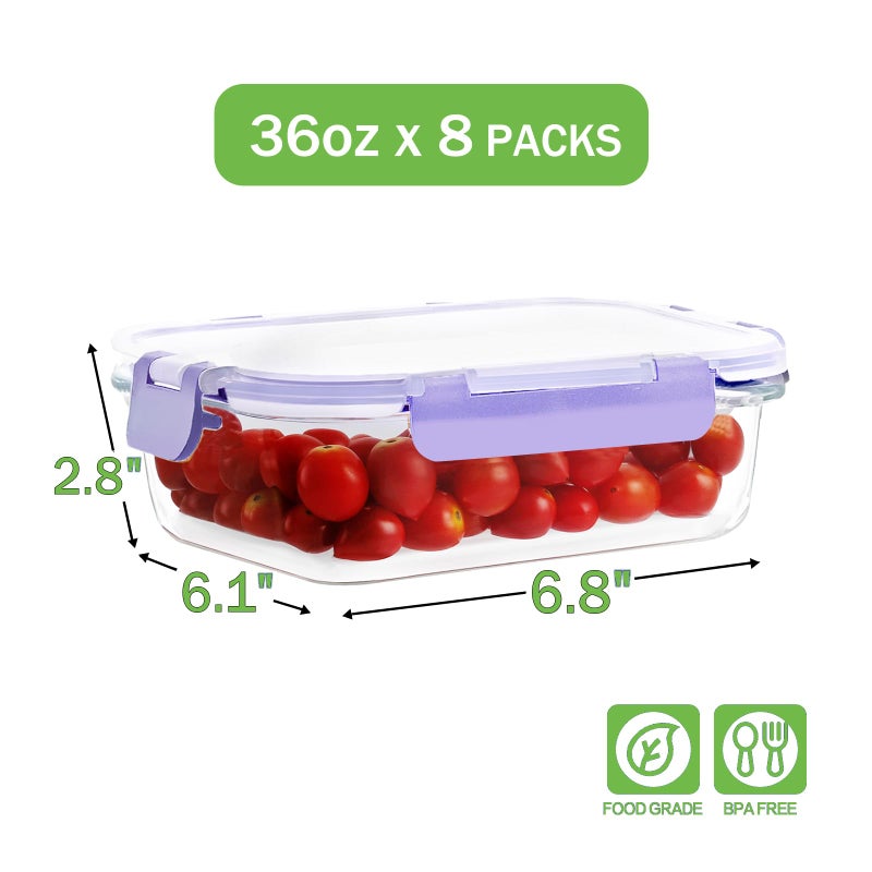 HOMBERKING 8 Pack 36oz Large Glass Meal Prep Containers with lids, Glass Food Storage Containers with Leak Proof Snap Lock Lids , Airtight Bento lunch Boxes, Kitchen Storage, Oven and Dishwasher Safe-Purple - Image 2