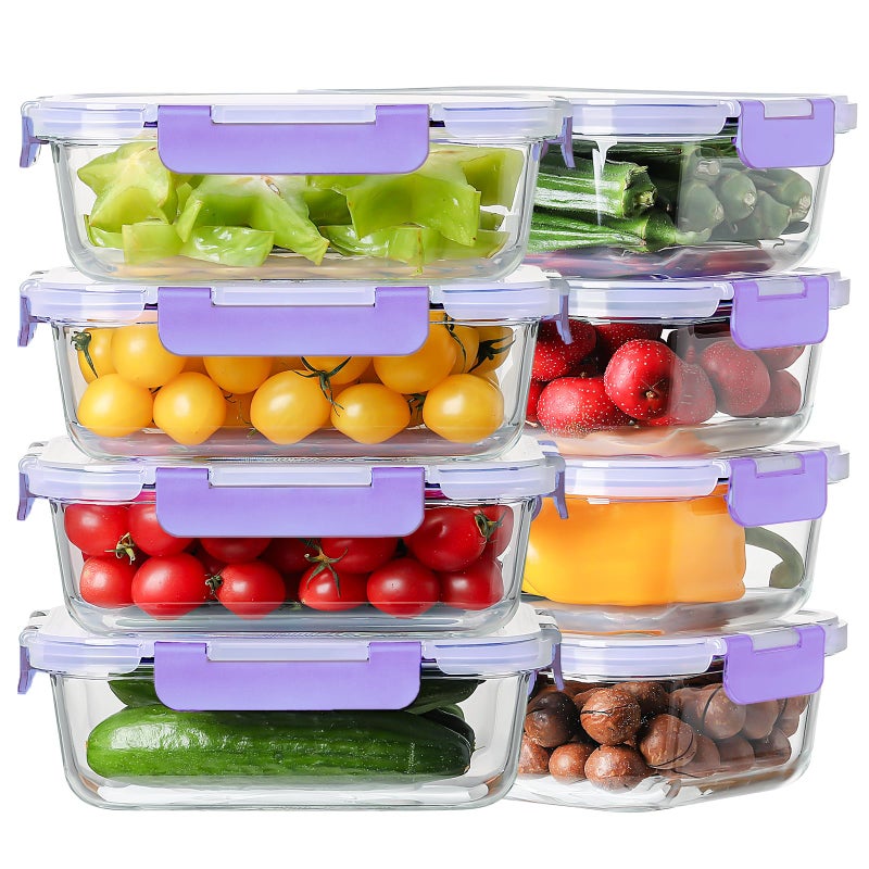HOMBERKING 8 Pack 36oz Large Glass Meal Prep Containers with lids, Glass Food Storage Containers with Leak Proof Snap Lock Lids , Airtight Bento lunch Boxes, Kitchen Storage, Oven and Dishwasher Safe-Purple - Image 1