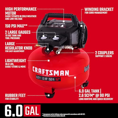 Craftsman Air Compressors 6 Gallon Portable Pancake Air Compressor,Oil Free Max 150 Psi 1.0HP 2.6 CFM@90PSI Electric Air Compressor Shop Air Compressor, CMXECXA02106410 - Image 2