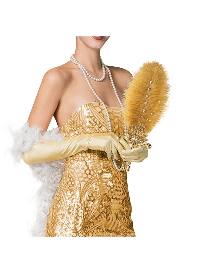 CROWN GUIDE Gold Ostrich Feather Fan Wedding Bridal Bouquets for Bride Metal Hand Held Fan Great Gatsby 1920s Flapper Accessories for Women Bridgerton Tea Party Decorations - Image 1