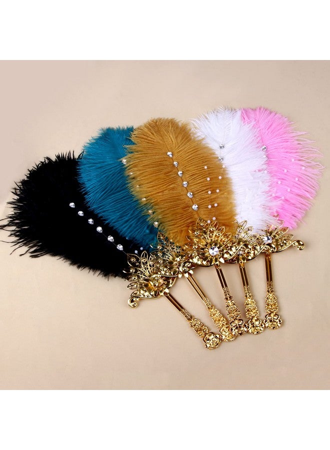 CROWN GUIDE Gold Ostrich Feather Fan Wedding Bridal Bouquets for Bride Metal Hand Held Fan Great Gatsby 1920s Flapper Accessories for Women Bridgerton Tea Party Decorations - Image 4