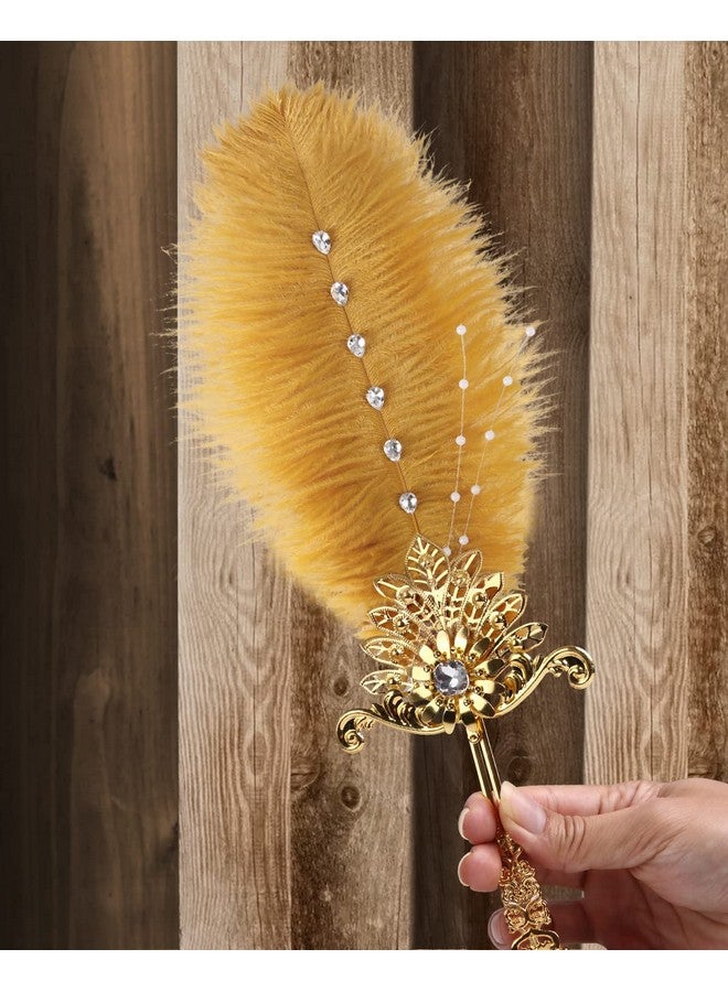 CROWN GUIDE Gold Ostrich Feather Fan Wedding Bridal Bouquets for Bride Metal Hand Held Fan Great Gatsby 1920s Flapper Accessories for Women Bridgerton Tea Party Decorations - Image 3