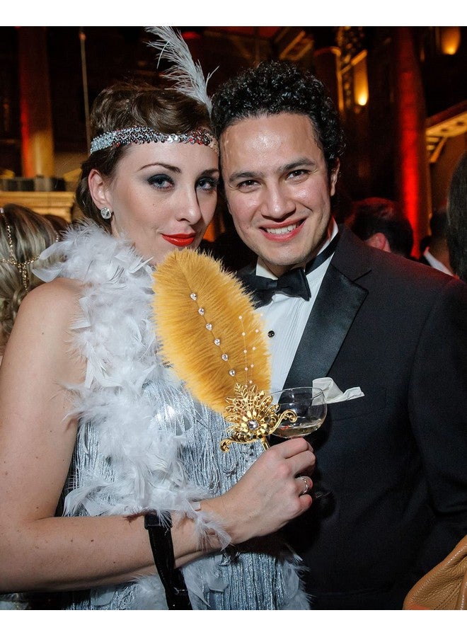 CROWN GUIDE Gold Ostrich Feather Fan Wedding Bridal Bouquets for Bride Metal Hand Held Fan Great Gatsby 1920s Flapper Accessories for Women Bridgerton Tea Party Decorations - Image 2
