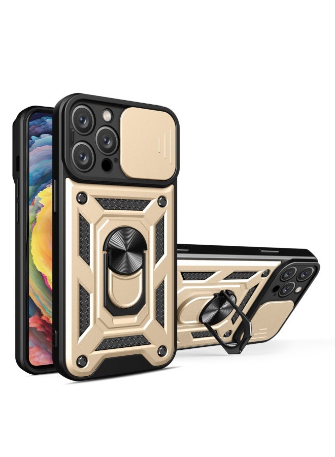 Shunjia Sliding Window Case, Shockproof Rugged Armor with Sliding Camera Cover & 360° Ring Kickstand, Compatible with Apple iPhone 15 Pro Max (Gold)