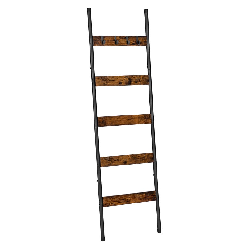HOOBRO Blanket Ladder, 5-Tier Towel Rack with Hooks, Wall-Leaning Blanket Rack, Decorative Display Ladder Shelf, for Scarves, Industrial, Living Room, Bedroom, Rustic Brown and Black BF52CJ01 - Image 1
