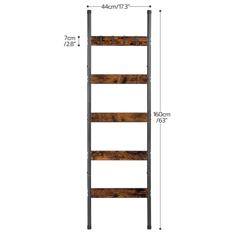 HOOBRO Blanket Ladder, 5-Tier Towel Rack with Hooks, Wall-Leaning Blanket Rack, Decorative Display Ladder Shelf, for Scarves, Industrial, Living Room, Bedroom, Rustic Brown and Black BF52CJ01 - Image 5