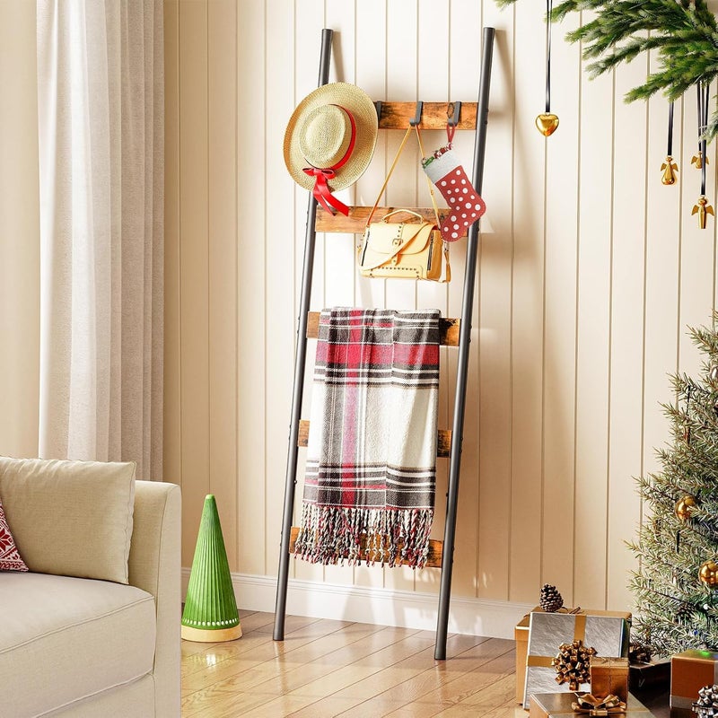 HOOBRO Blanket Ladder, 5-Tier Towel Rack with Hooks, Wall-Leaning Blanket Rack, Decorative Display Ladder Shelf, for Scarves, Industrial, Living Room, Bedroom, Rustic Brown and Black BF52CJ01 - Image 2