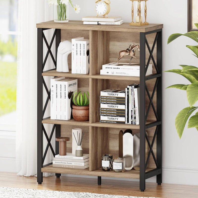 FATORRI Rustic 6 Cube Storage Organizer Shelf Wood and Metal Cubby Bookcase Industrial 4 Tier Cube Bookshelf Rustic Oak