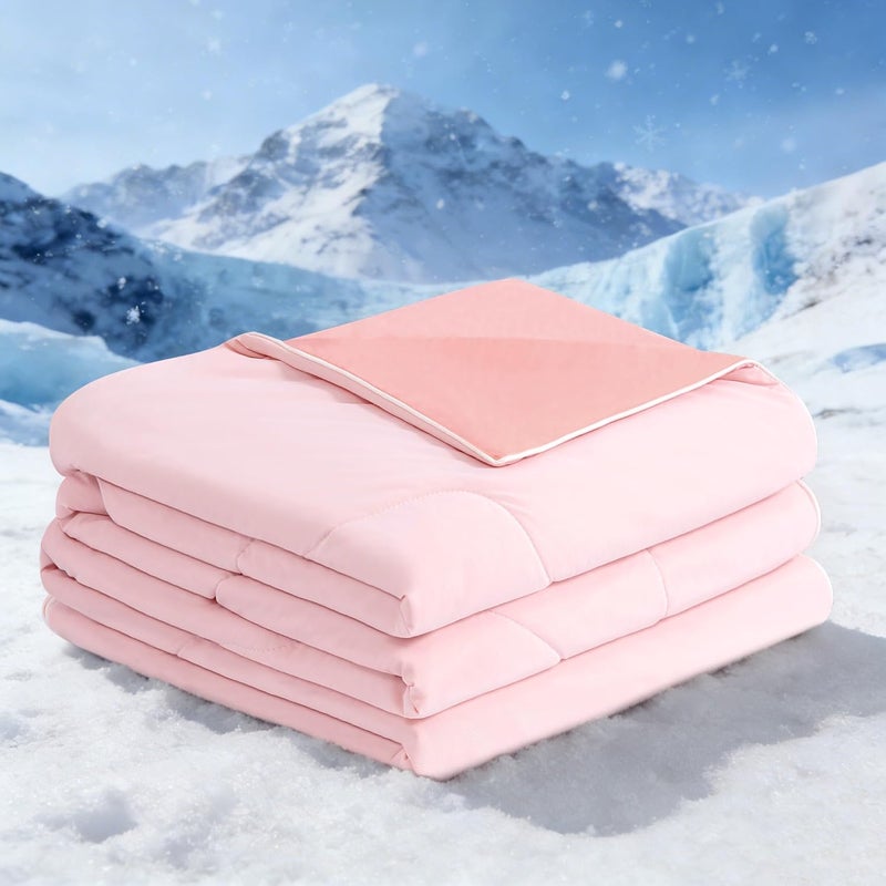 BEAUTEX بطانية مريحة مبردة لمن يعانون من الحرارة أثناء النوم والتعرق الليلي - Q-Max>0.4 تقنية الجليد ذات الوجهين مع قماش بملمس بارد، ملابس نوم تنفسية لجميع المواسم تمتص حرارة الجسم، للاستخدام في الصيف بحجم كوين باللون الوردي - Image 1