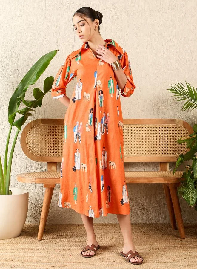 Uptownie Orange Front Pleated Cotton Midi Dress