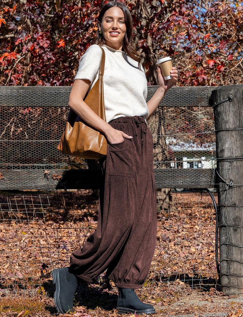TARSE Womens Corduroy Pants Harem Casual Loose Fit Baggy Elastic Waist Lantern Fall Pants with Pockets(DarkCoffee, M) - Image 3