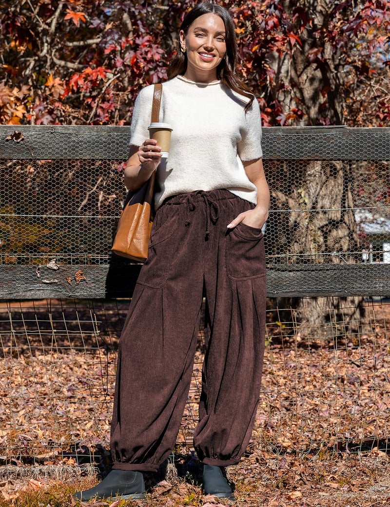 TARSE Womens Corduroy Pants Harem Casual Loose Fit Baggy Elastic Waist Lantern Fall Pants with Pockets(DarkCoffee, M) - Image 2