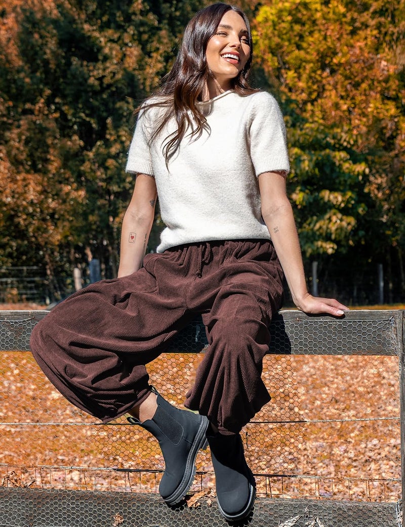 TARSE Womens Corduroy Pants Harem Casual Loose Fit Baggy Elastic Waist Lantern Fall Pants with Pockets(DarkCoffee, M) - Image 4