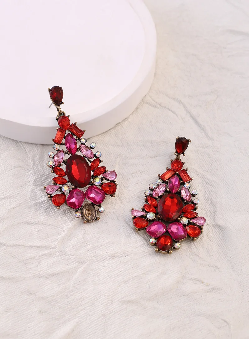 SOHI SOHI Women The Bijou-Cluster Chandelier Earrings | Ruby Red Colour | One-Size | Artificial Stone Alloy Material | Push Back Closure | Earrings For Casual & Evening Wear