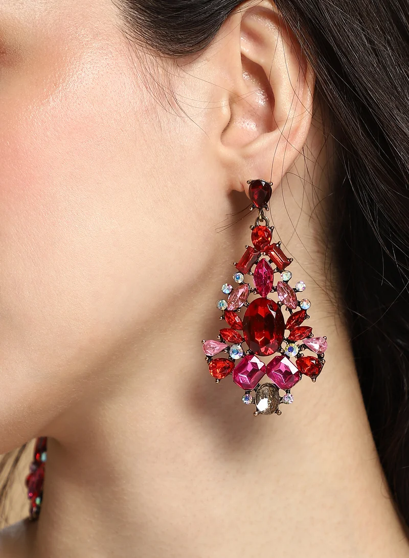 SOHI SOHI Women The Bijou-Cluster Chandelier Earrings | Ruby Red Colour | One-Size | Artificial Stone Alloy Material | Push Back Closure | Earrings For Casual & Evening Wear