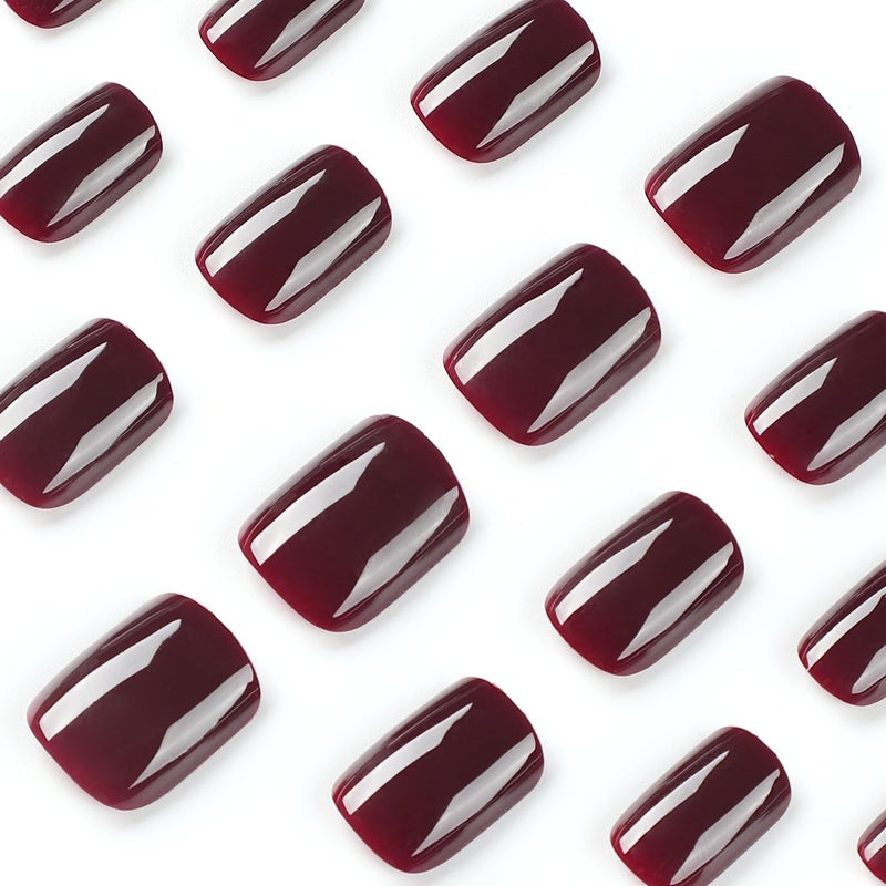 HJKDSFD Wine Red Press on Nails Extra Short Fake Nails Acrylic Square False Nails with Artificial Glossy Designs Full Cover Glue on Nail Stick on Nail for Women 24pcs - Image 3