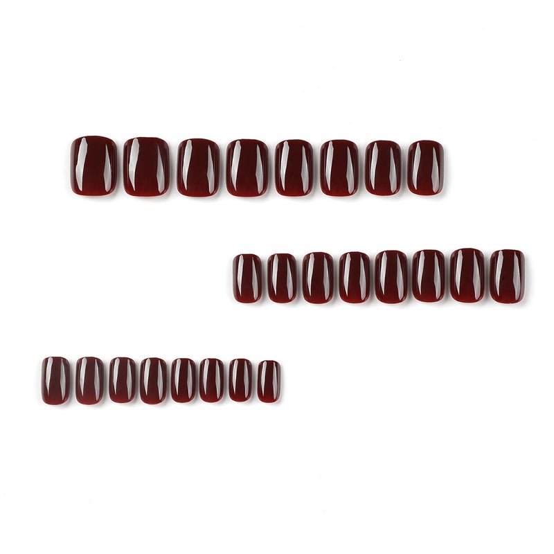 HJKDSFD Wine Red Press on Nails Extra Short Fake Nails Acrylic Square False Nails with Artificial Glossy Designs Full Cover Glue on Nail Stick on Nail for Women 24pcs - Image 2