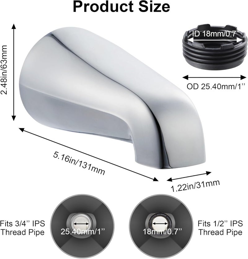 Dreyoo Universal Bath Tub Spout with Adapter, 5" Bathroom Bathtub Faucet Spout Without Diverter, Fits for 1/2'', 3/4'' IPS Inside Thread Connection and Tub/Shower Faucet Brands(Chrome) - Image 5