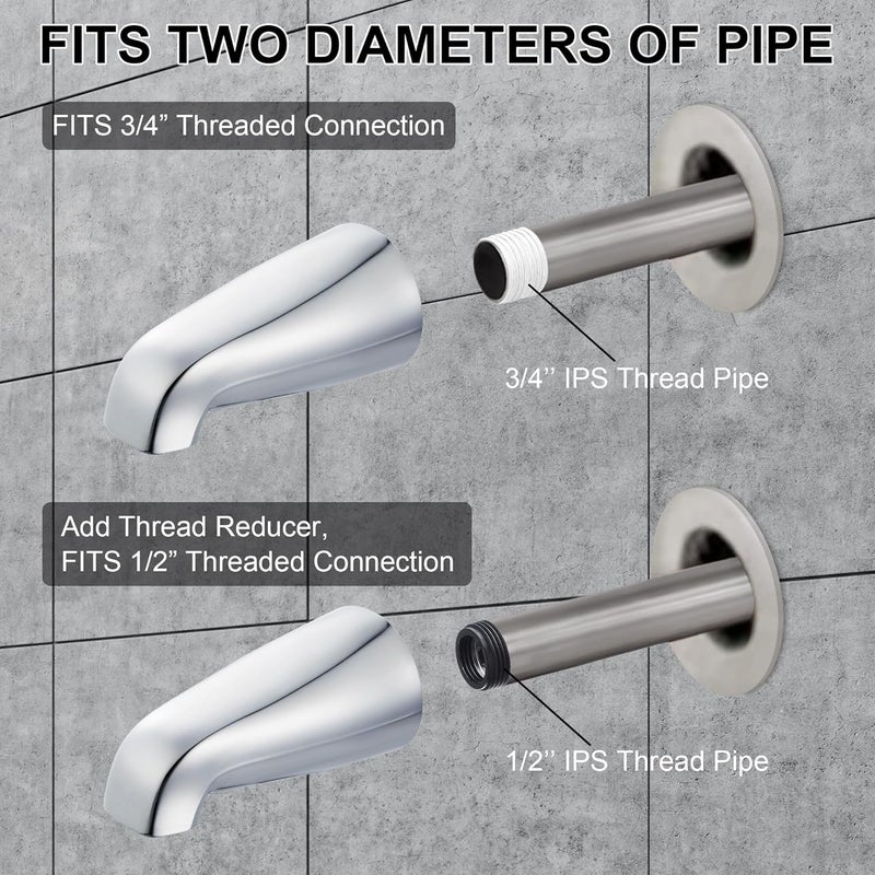 Dreyoo Universal Bath Tub Spout with Adapter, 5" Bathroom Bathtub Faucet Spout Without Diverter, Fits for 1/2'', 3/4'' IPS Inside Thread Connection and Tub/Shower Faucet Brands(Chrome) - Image 2