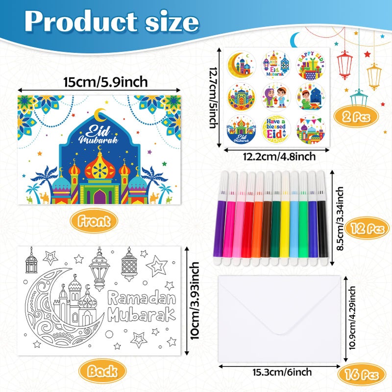 HOWAF 16pcs Eid Mubarak Greeting Cards Ramadan Mubarak Coloring Gift Cards with Stickers Envelopes Paint Pens, Ramadan Kareem Gift Cards for Kids, Eid Holiday Greeting Cards Eid Mubarak Party Favors - Image 2