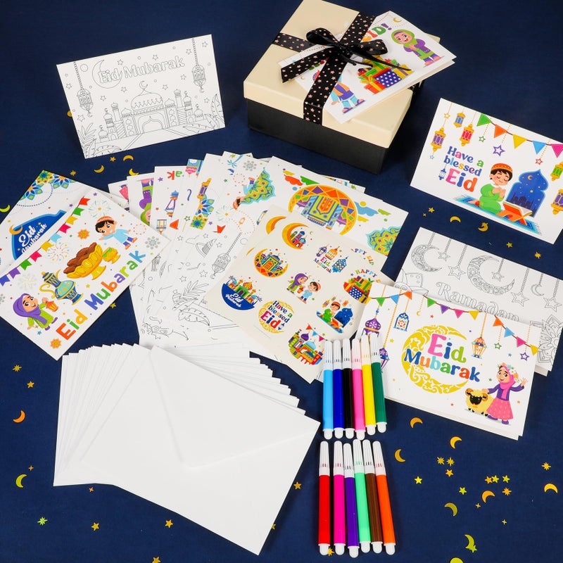 HOWAF 16pcs Eid Mubarak Greeting Cards Ramadan Mubarak Coloring Gift Cards with Stickers Envelopes Paint Pens, Ramadan Kareem Gift Cards for Kids, Eid Holiday Greeting Cards Eid Mubarak Party Favors - Image 4
