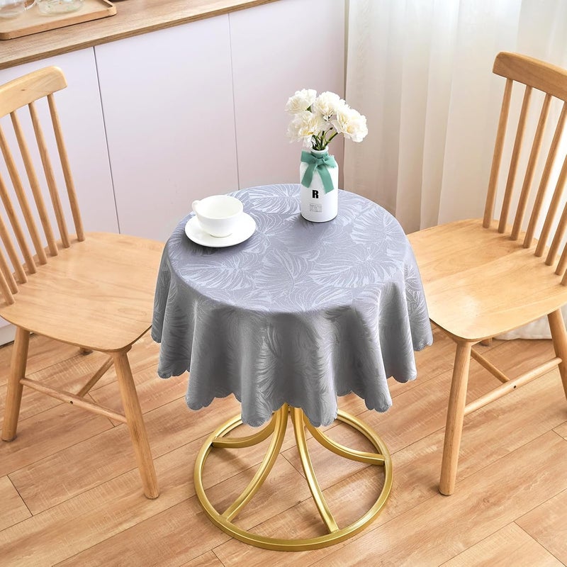 EFFICINATURE Round Tablecloth Grey Small Table Cloths 40 Inch Up to 26 Dia Tables Leaves Pattern Scalloped Edge Waterproof Washable Jacquard Table CoverKitchen Dinner Decor Talking Table Coffee Bar - Image 2