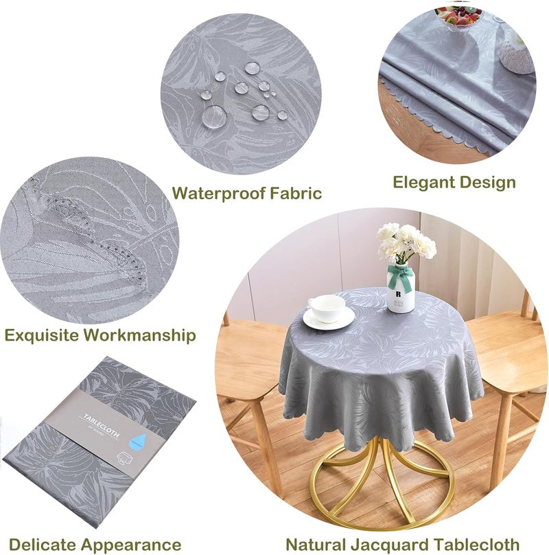 EFFICINATURE Round Tablecloth Grey Small Table Cloths 40 Inch Up to 26 Dia Tables Leaves Pattern Scalloped Edge Waterproof Washable Jacquard Table CoverKitchen Dinner Decor Talking Table Coffee Bar - Image 4